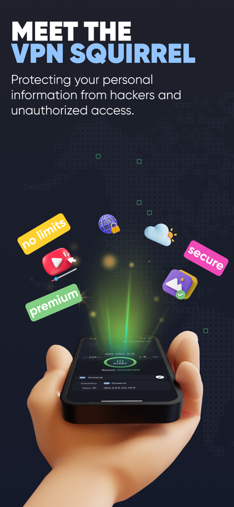 VPN Fox - Hand holding an iPhone displaying the VPN Fox app interface with icons for secure and premium connections.