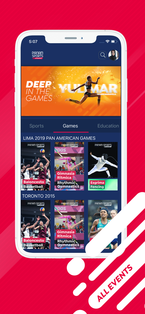 Panam Sports Channel - Interface de l'application mobile Panam Sports Channel présentant des faits saillants et des événements des Jeux panaméricains passés.