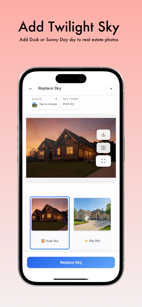 Interface de l'application Decor8 AI montrant le remplacement du ciel au crépuscule pour les photos de maisons immobilières