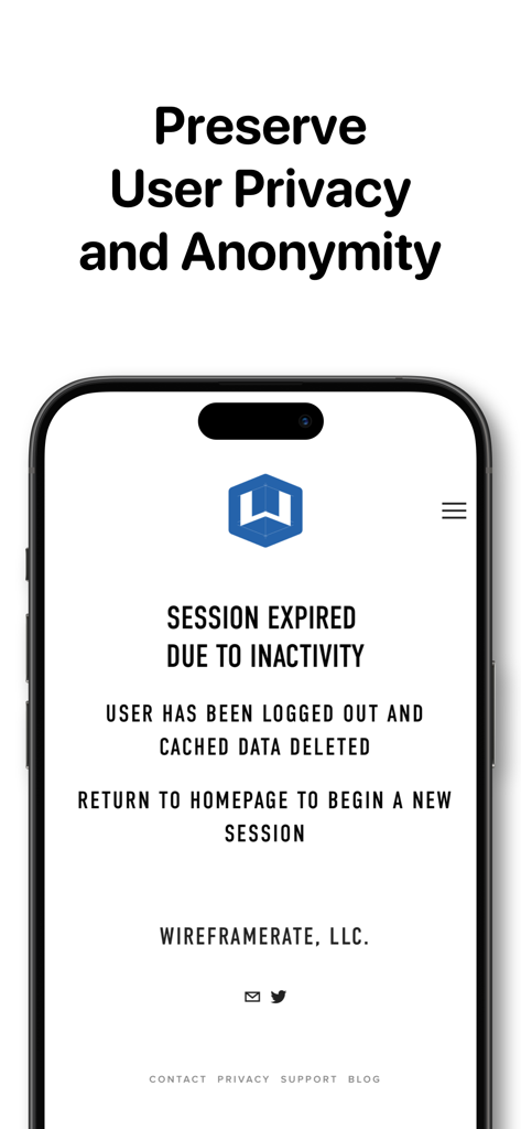 WebFrame Pro Kiosk screen showing session expired notification and automated data deletion for user privacy.