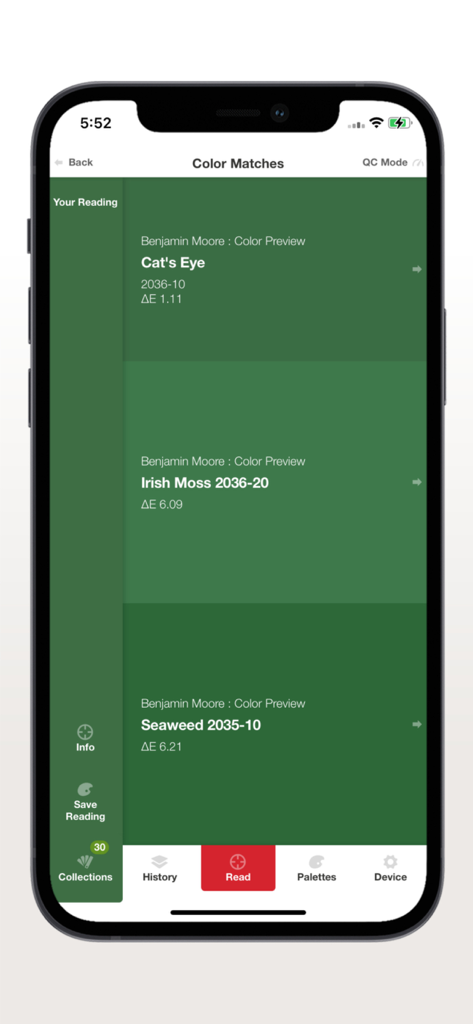 Datacolor ColorReader - Datacolor ColorReader app interface displaying green paint color matches from Benjamin Moore