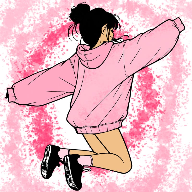 realistic girl jumping with a bun and oversized sweatshirt