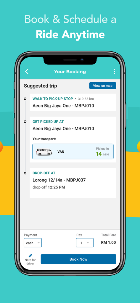 Kummute - Ride-pooling app - Mobile app screen for Kummute showing a ride booking summary with van pickup time and fare information