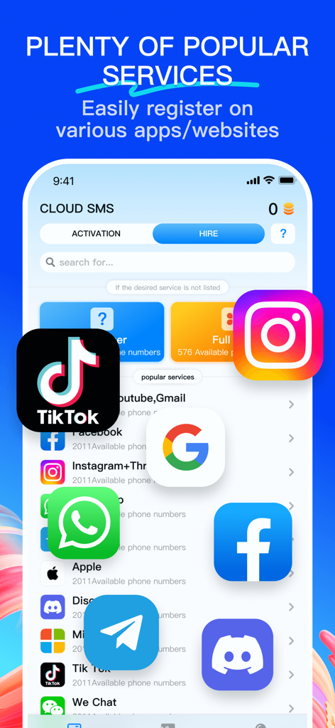 Interfaz de la aplicación móvil SMS Cloud que muestra servicios populares como TikTok e Instagram para un registro fácil utilizando números de teléfono temporales