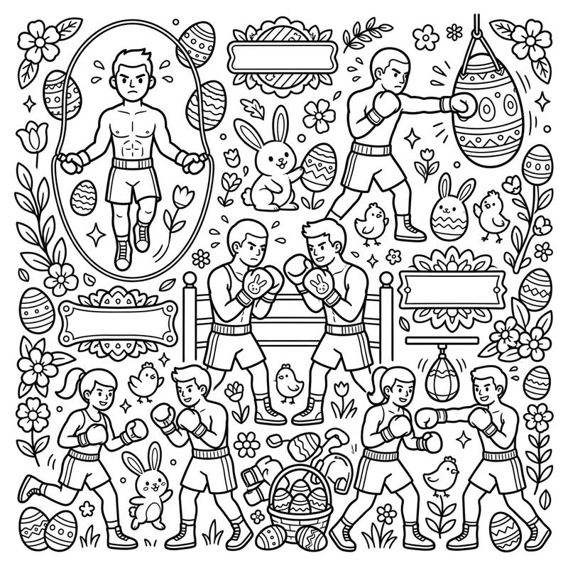 Get ready for an unusual but exciting blend of action and festivity with this unique coloring page! Featuring dynamic boxers engaged in various training routines surrounded by cheerful Easter bunnies, decorated eggs, and spring blossoms.