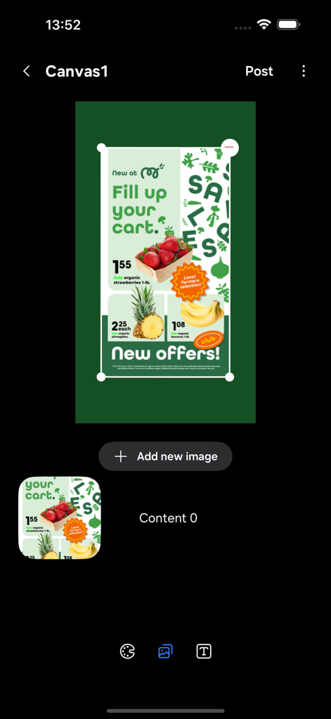 Interfaz de la aplicación Samsung E-Paper mostrando la pantalla de creación y edición de contenido para señalización digital