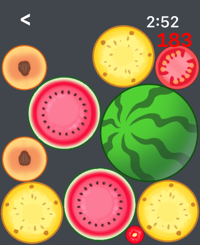 Merge Watermelon 4 Watch - A screenshot of the Merge Watermelon 4 Watch gameplay showing various fruits like watermelons, peaches, and pineapples on a dark background with a score display