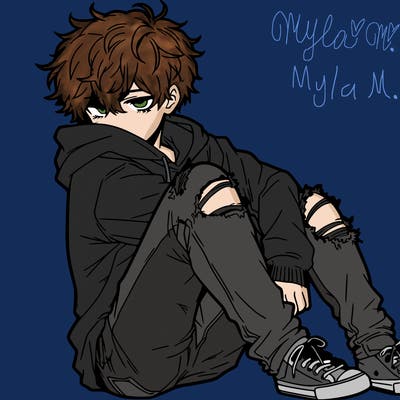 a male hoddie ripped jeans messy hair anime