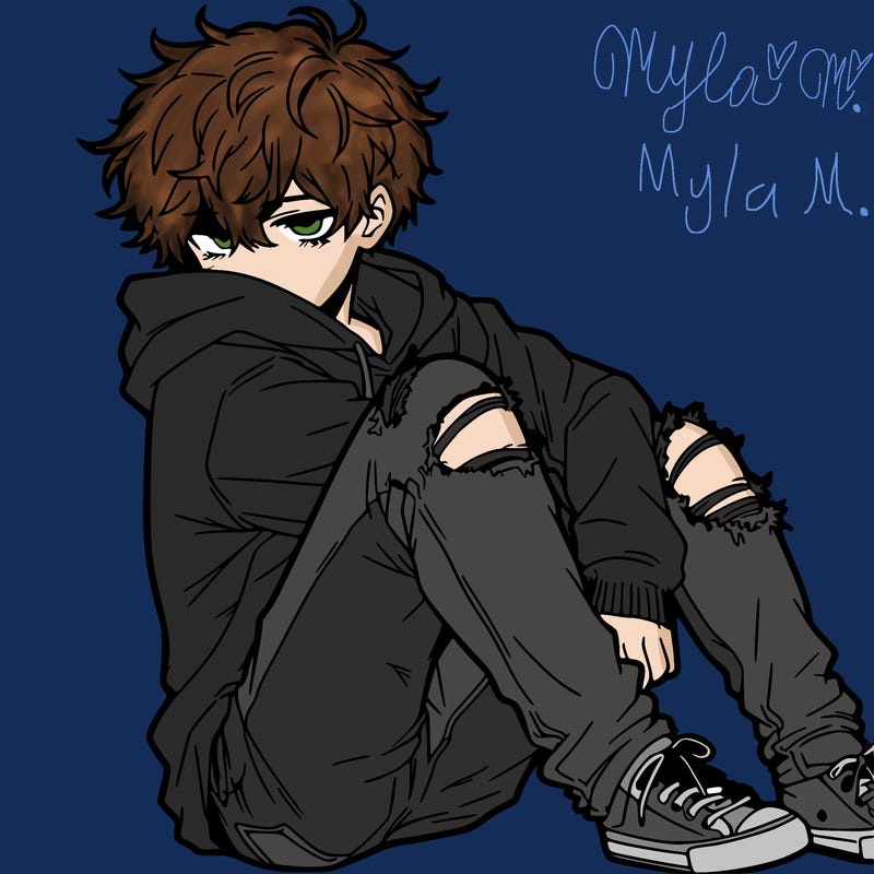 a male hoddie ripped jeans messy hair anime