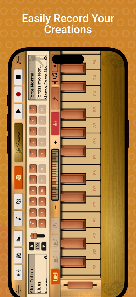 Trombone Sim - Trombone Sim app interface showing the record your creations feature with digital keyboard