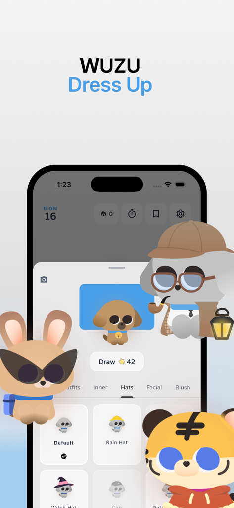 WUZU - A customization screen in the WUZU app showing a cute animal character with different dress up options and hats