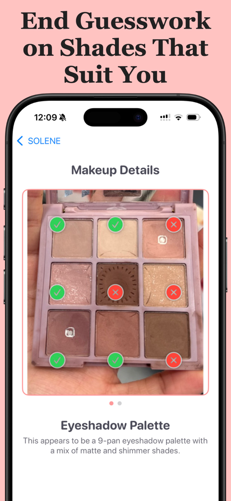 AI analysis of an eyeshadow palette in the Solene app showing recommended shades with green checkmarks and red crosses
