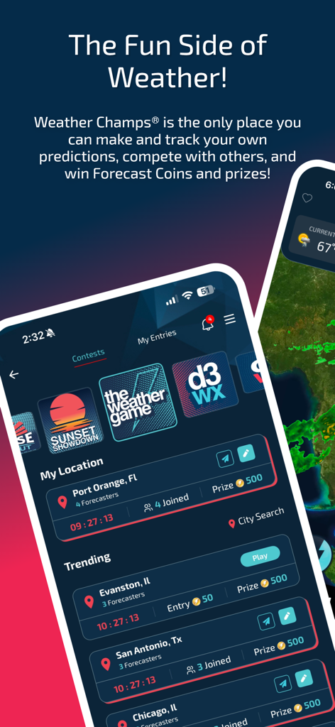 Weather Champs app interface showing various daily weather prediction contests and prizes