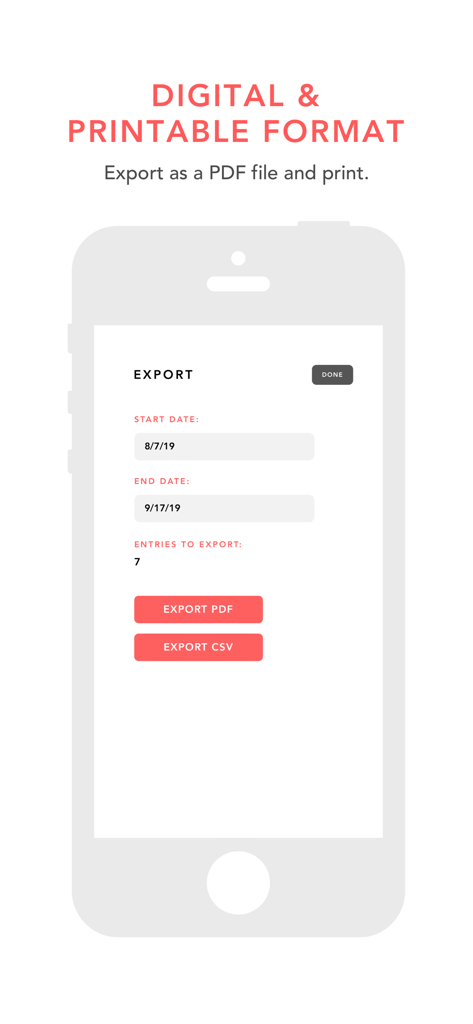 Export screen of the Grateful journal app showing options to save entries as PDF or CSV