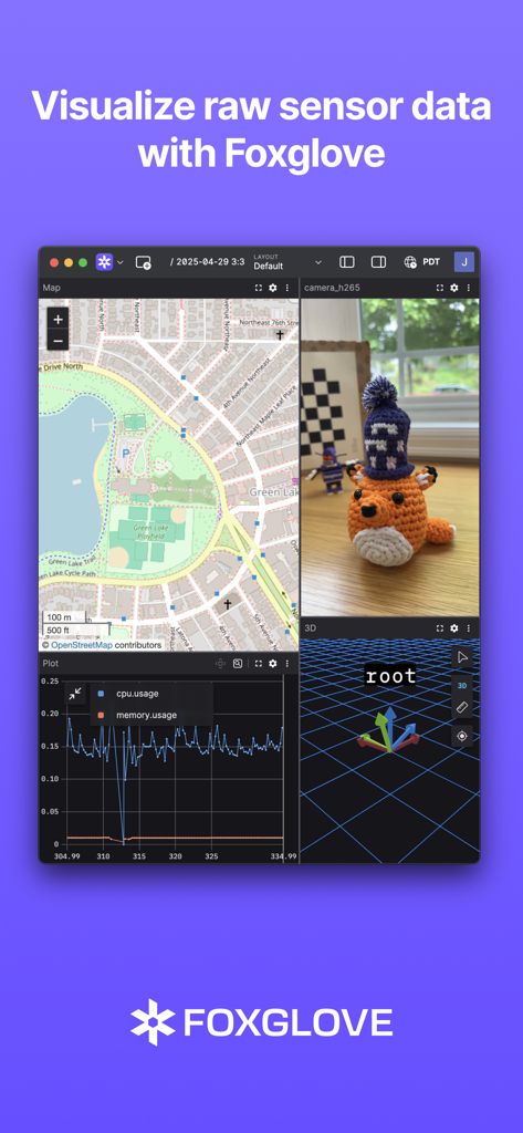 Foxglove WebSocket Bridge - Foxglove dashboard visualizing robotics sensor data including camera feed and maps