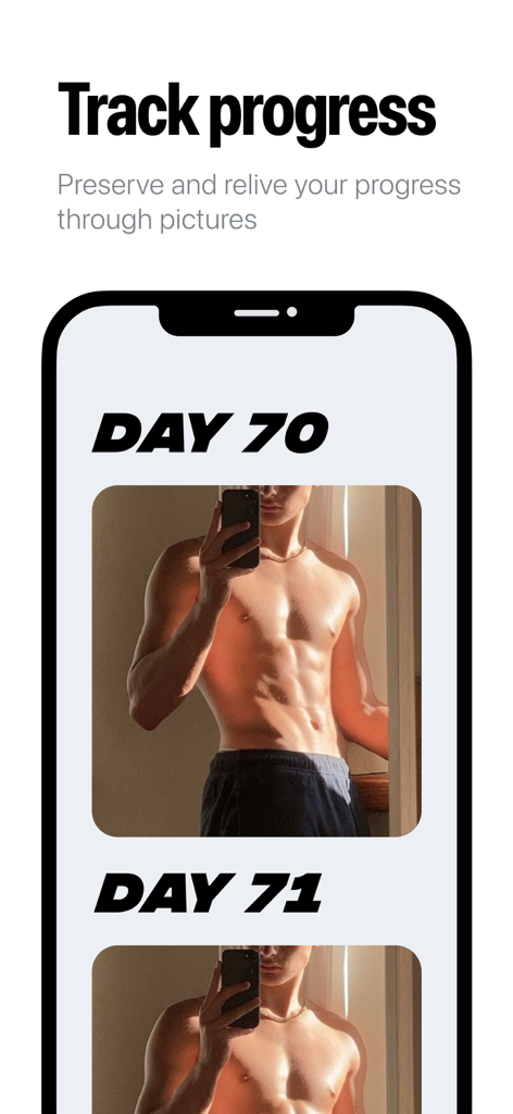 BeHard app interface showing daily fitness progress photos for the 75 day challenge.