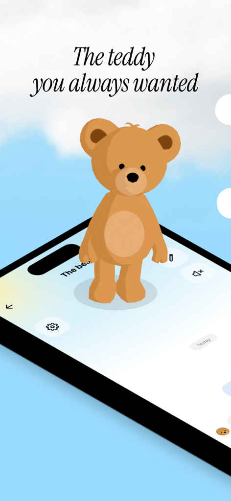 Ted: Plushy AI friend - Un adorable personnage d'ours en peluche virtuel marron se tenant sur l'écran d'un smartphone avec le texte L'ours en peluche dont vous avez toujours rêvé