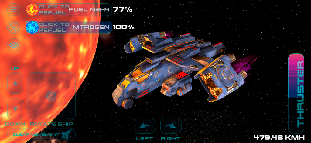 Space Simulator - Una navicella spaziale blu manovra vicino a un grande sole splendente nell'app Space Simulator mostrando controlli di volo e livelli di carburante.
