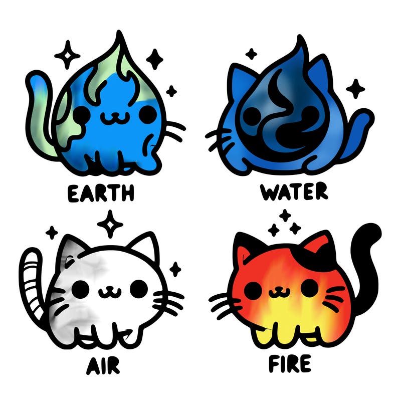 4 cats that represent the different elements, earth, water, air, and fire
