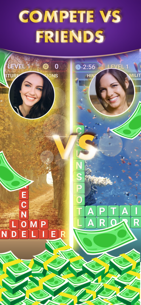 Word Block: Win Real Prize - Two players competing in a word puzzle game to win real cash prizes.