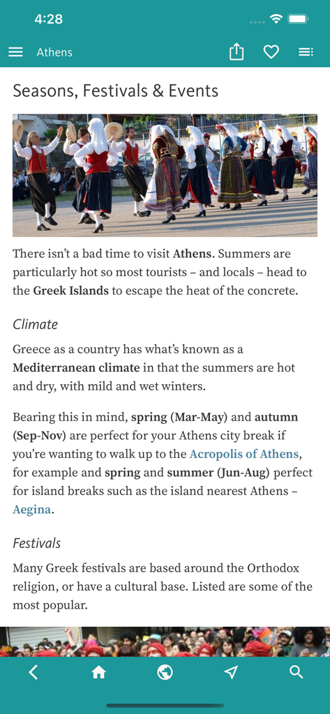 Athens’ Best: Travel Guide - A screenshot of the Athens travel guide app showing information about the city's seasons, Mediterranean climate, and traditional Greek festivals.