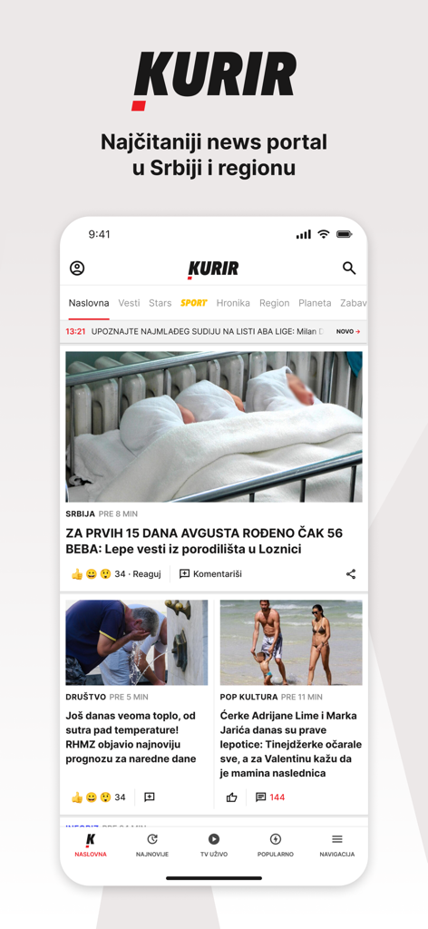 Interface de l'application d'actualités Kurir présentant différentes catégories d'actualités et des articles en serbe