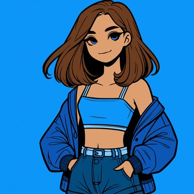 a realistic girl with a crop top and short shorts in an open jacket
