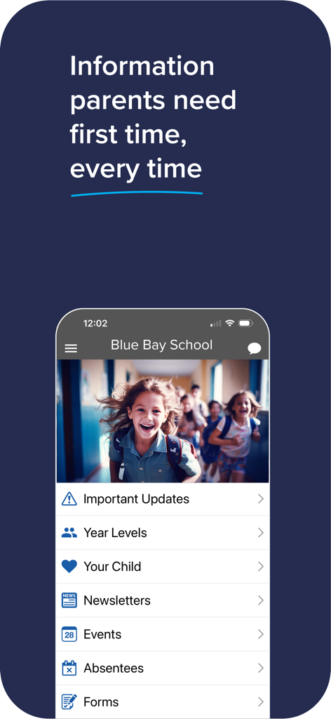 School Stream - School Stream app home screen showing features like important updates newsletters and digital forms