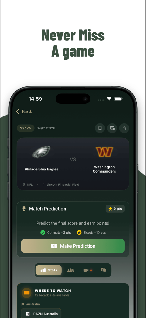 kuki football : Live Chat - Screenshot of Kuki Football app showing NFL match prediction feature and broadcast finder for Eagles versus Commanders
