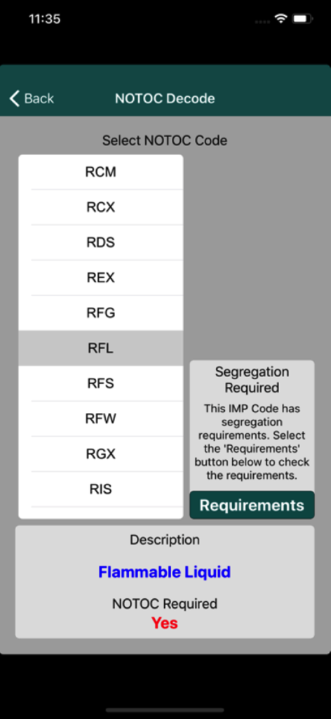 Capture d'écran de l'application CX ToolKit affichant la fonction de décodage NOTOC pour l'identification des liquides inflammables, des marchandises dangereuses et des exigences de ségrégation
