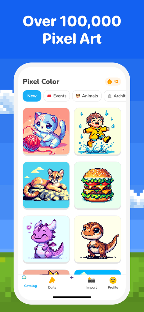 Interface of Pixel Color app displaying a gallery of pixel art designs including animals and food.