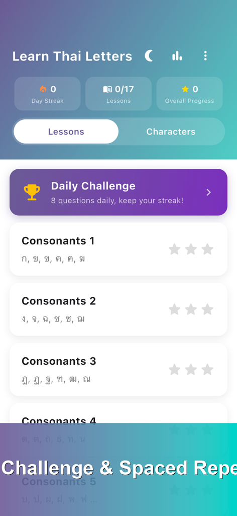 Learn Thai Alphabet - Dashboard of the Learn Thai Alphabet app showing lesson progress daily challenges and consonant categories