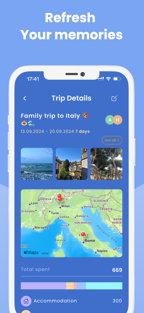 Trippy - Travel Manager - Trippy app interface showing a summary of a family trip to Italy with photos, a map of locations, and expense tracking.