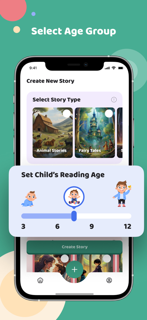 Story Mii - Story Mii app interface for selecting a childs reading age and story type