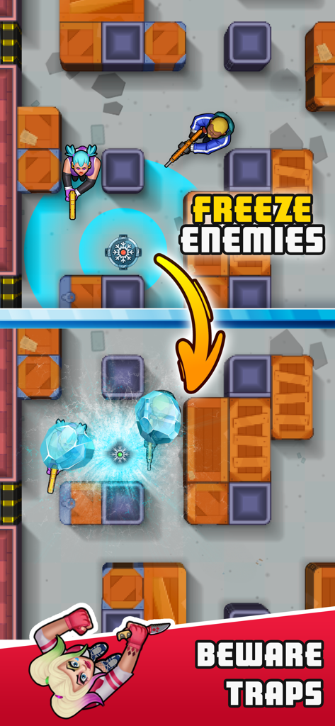 Hunter Assassin - Draufsicht des Gameplays von Hunter Assassin, bei dem Feinde durch eine taktische Falle eingefroren werden