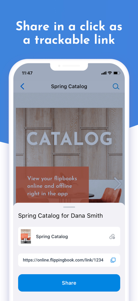 Interface of the FlippingBook app showing how to share a digital catalog via a trackable link