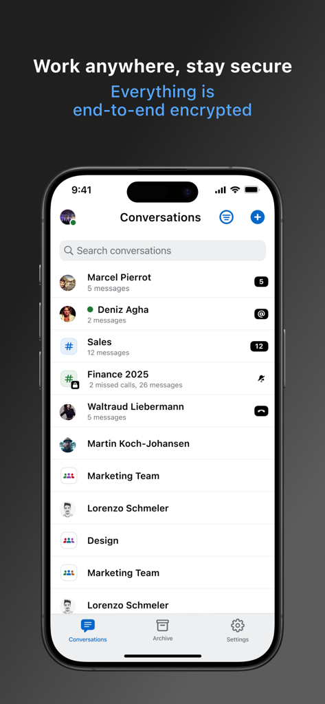Wire • Secure Messenger - Wire Messenger mobile Benutzeroberfläche, die eine Liste von Ende-zu-Ende-verschlüsselten Geschäftsgesprächen anzeigt
