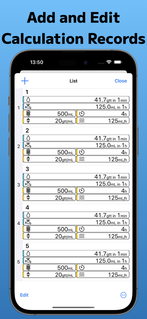 DripRate+ - Una interfaz de aplicación móvil para DripRate plus que muestra una lista numerada de registros de cálculo de tasas de goteo IV guardados, incluyendo detalles de volumen y tasa de flujo