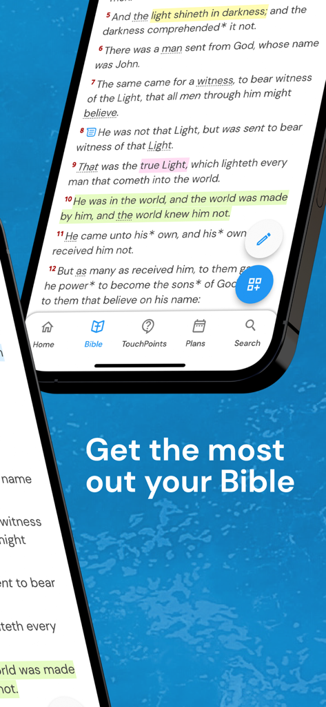 Holy Bible King James + Audio - スマートフォン画面に、黄色と緑でハイライトされた欽定訳聖書の節とナビゲーションメニューが表示されている様子