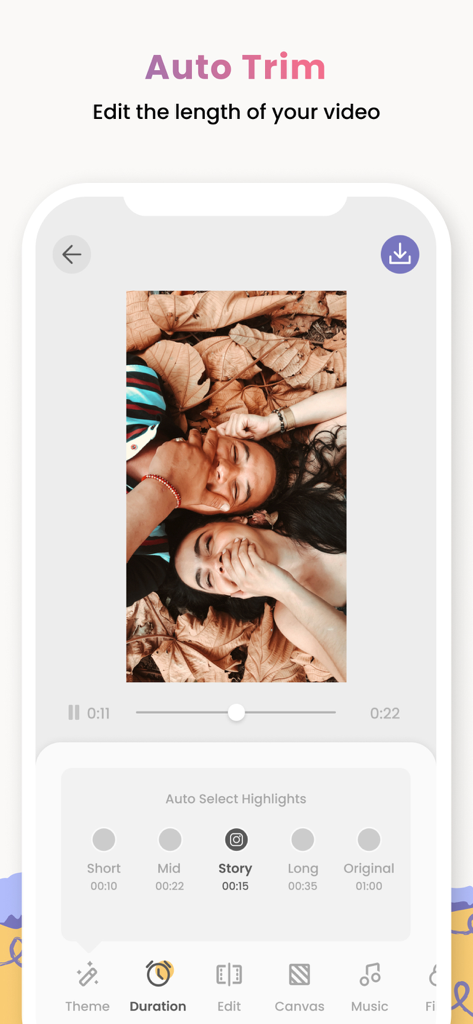 VDO Video Maker by PicCollage - Interfaz de VDO Video Maker que muestra la función de Recorte Automático y las opciones de duración para historias de redes sociales