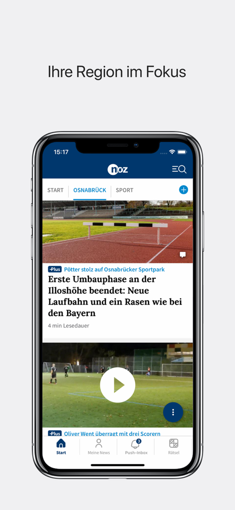 noz News - Smartphone screen showing the noz News app with local news articles from Osnabrueck