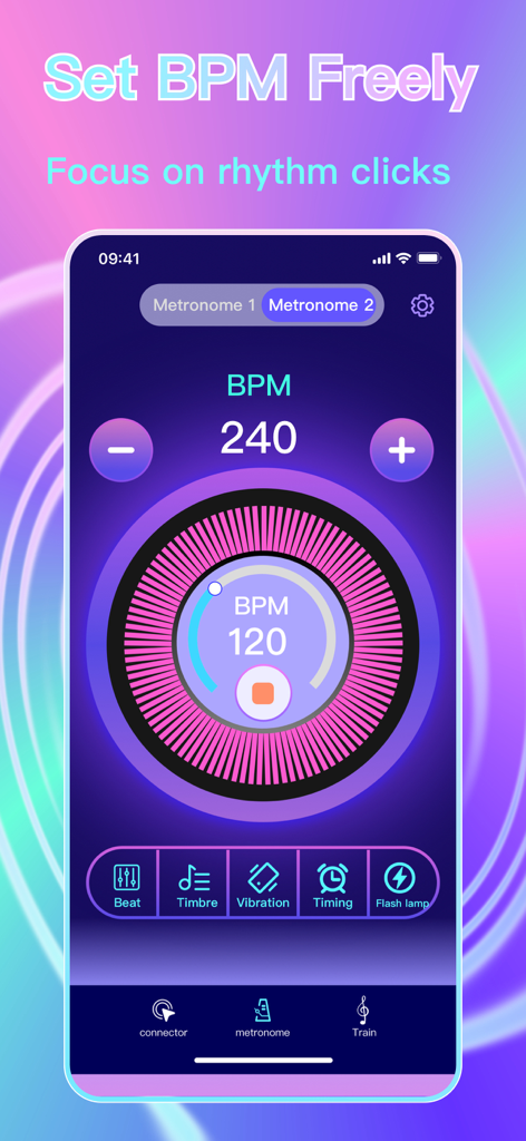 Auto Clicker - Taptap Clicker - Una interfaz de aplicación móvil para Auto Clicker que muestra un metrónomo con ajuste de BPM y configuraciones de ritmo.