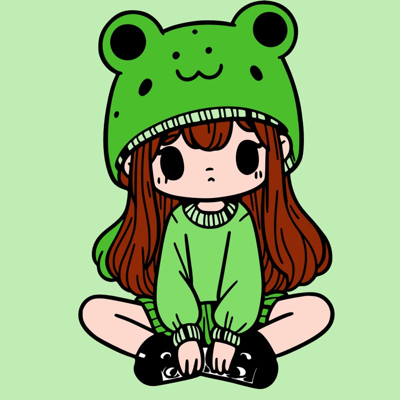 a girl wearing a frog hat and some frog socks