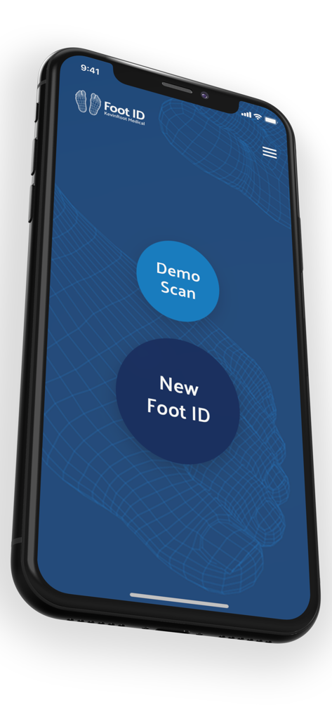Home screen of the Foot ID medical app on an iPhone with buttons for Demo Scan and New Foot ID