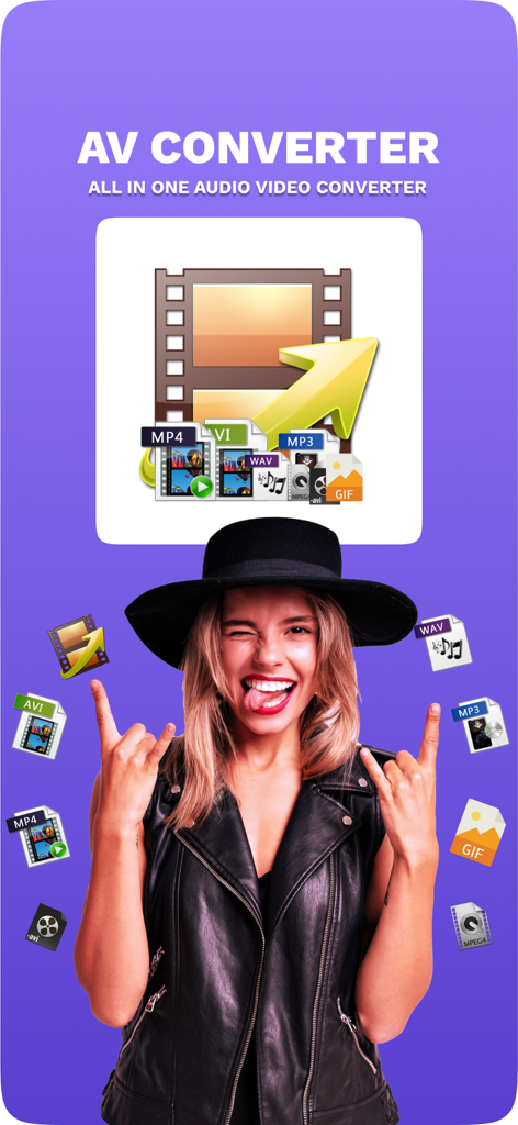 Audio Video Media Converter - All in one audio and video media converter app showcasing multiple file formats and GIF creation.