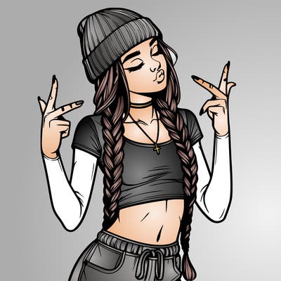 realistic teenage girl with braids and a beanie and crop top doing 🫶🏼