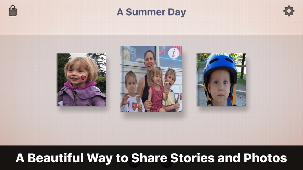Interfaccia dell'app Story Creator che mostra una serie di libri di storie digitali personalizzati con foto di bambini.