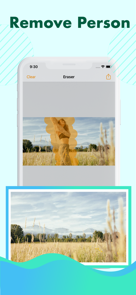 풍경 사진에서 사람을 제거하는 과정을 보여주는 객체 제거 사진 지우개 모바일 앱 인터페이스.