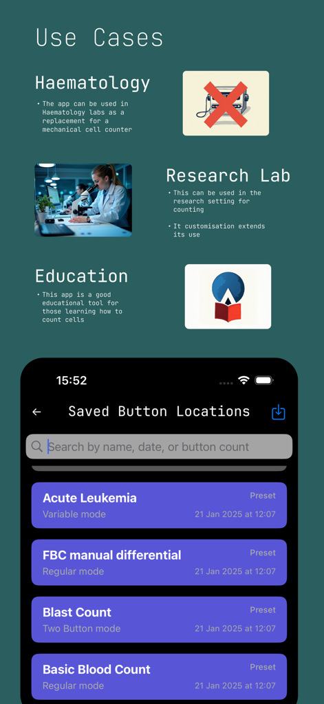 Cell Counter App - Cell Counter App interface showing use cases for hematology and research labs with a list of saved button profiles