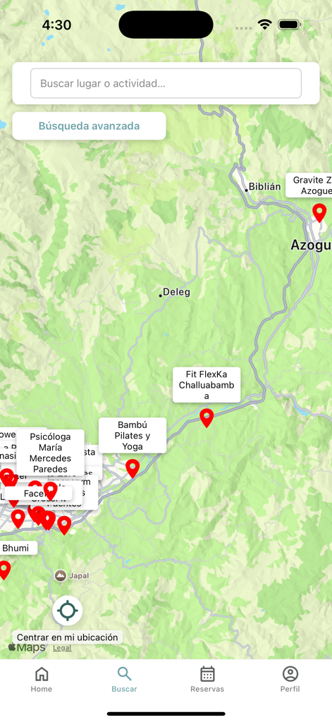 Wellnet mobile app showing a map with location pins for wellness centers, pilates studios, and healthcare professionals.
